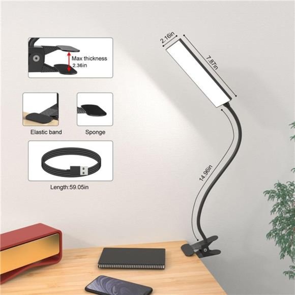 Clip on Light LED Desk Lamp with LED Light and Metal Clip, 11 Level Brightness - Picture 2 of 5